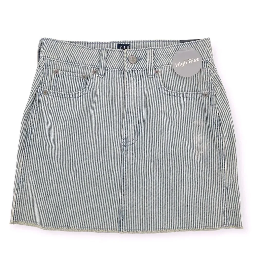 GAP Denim Girl’s High Rise Blue White Railroad Stripe Frayed Hem Denim Skirt 14